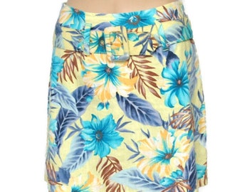 Skirt 1980's Vintage Floral Hip Hugger Tropical Print Belted Hippie Beachy Island Mini Size Small