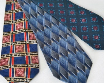 Three Designer Neckties Vintage Men's Ties Blue Trio for Him All Silk - Blue Collection