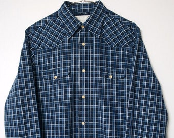 Men's Western Shirt Blue Plaid Cowboy Vintage '90's Checkered Pearl Snap Button Dude Size Small