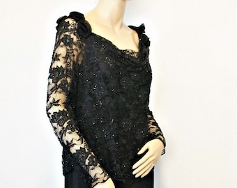 Vintage Dress Black Lace Elegant Beaded Chiffon Gown Wedding Dress Mother of Bride Size Medium