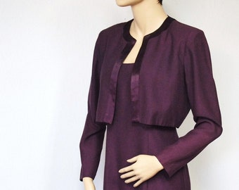 Women's Suit Dress and Jacket 1980's Vintage Sleeveless Shift Two Piece Plum Long Sleeve Bolero Jacket Size 4 Petite