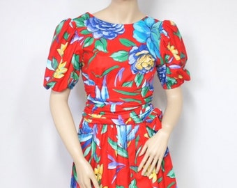 Tropical Print Dress Cotton Garden Party Red Hawaiian Vintage 1980's Floral Size 4