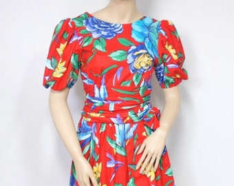 Vintage Dress 1980's Tropical Print Cotton Garden Party Red Hawaiian Floral Size 4