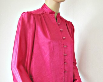 Oriental Style Fluorescent Pink Blouse Nehru Vintage 1970's Size Small
