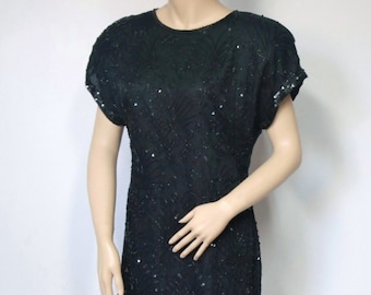 1980's Beaded Dress Silk Padded Big Shoulder Mini Dress Tagged Size Small