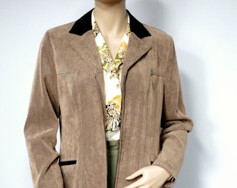 Zip Front Jacket Blazer Vintage 1980's Brown Herringbone Coat Plush Black Collar Size 8