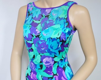 Vintage Swim Suit Floral Bathing Purple Blue One Piece Swimsuit Swimwear Size 12T