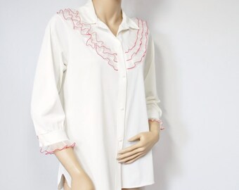 Baby Doll Pajama Top Nightshirt Shadowline Vintage Creamy White Lace Trimmed PJ Top Size Small