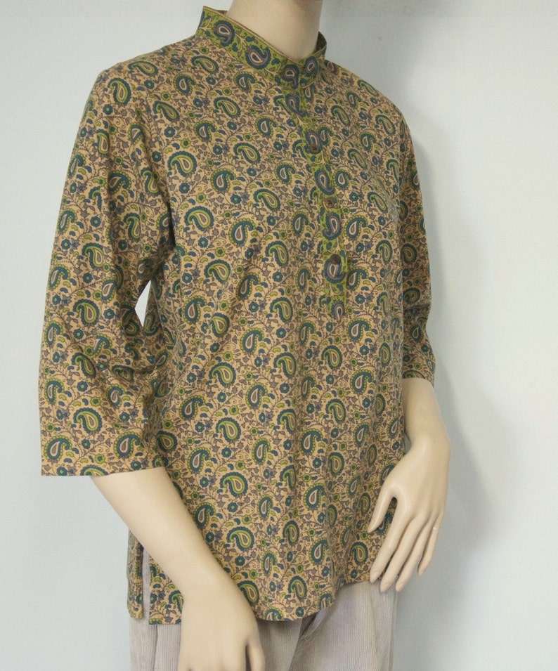 Vintage Blouse Paisley Cotton India Style Olive Hippie Top Size Medium