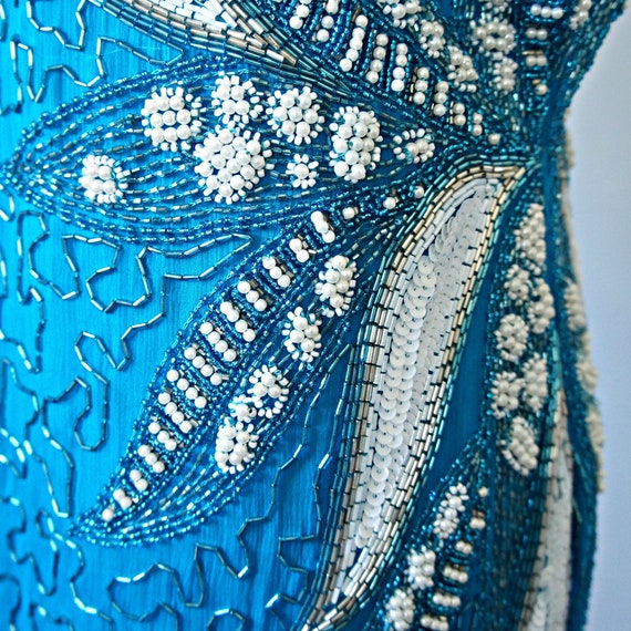 1980's Beaded Dress Turquoise Long Sleeve Silk Fl… - image 9
