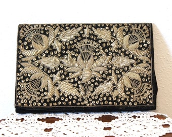 Antique Clutch Bag Black Velvet Gold Thread Embroidery Small