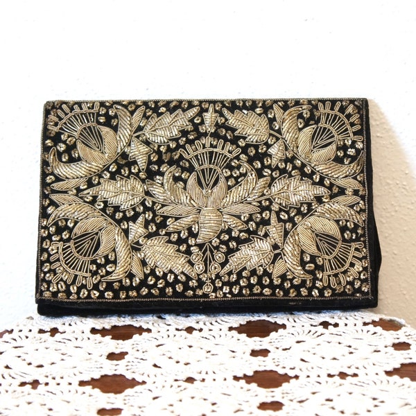 Antique Clutch Bag Black Velvet Gold Thread Embroidery Small