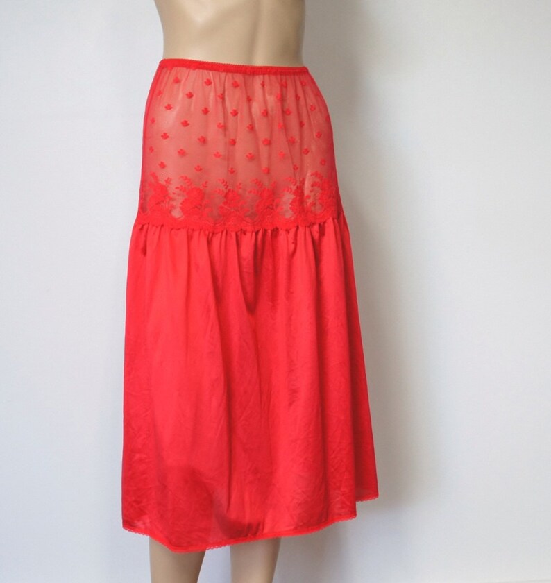 Half Slip Red 1980's Vintage Lingerie Sweet Lace Petticoat Nylon Net Size Medium image 2