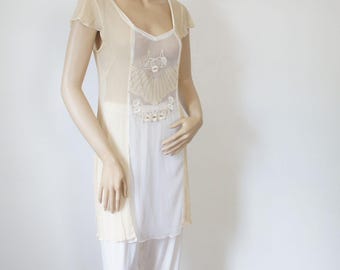 Vintage Sheer Tunic Boho Blouse Top Beige Cap Sleeves Size Small