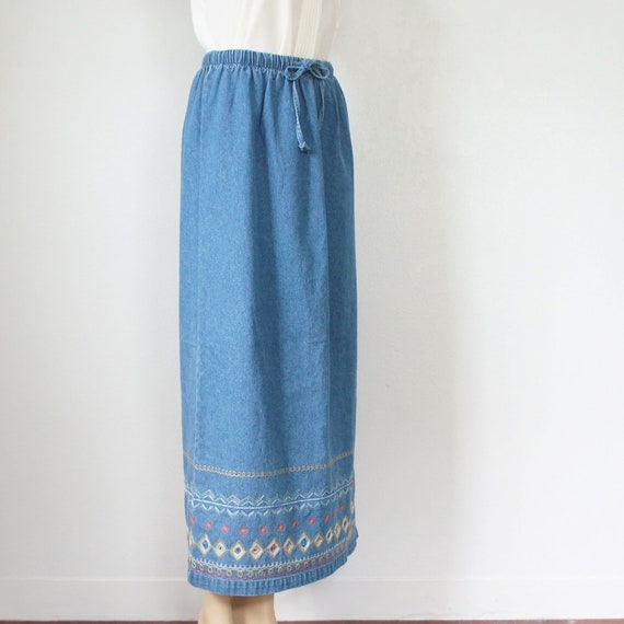 Long Denim Skirt Embroidered Size Small Denim & C… - image 3