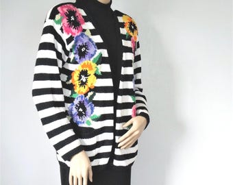 Vintage 1990's Sweater Cardigan Black White Stripe Floral Size Medium