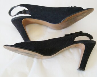 Vintage Shoes 1980's 1990's Black Suede Open Toe Sling Backs Size 7 Narrow