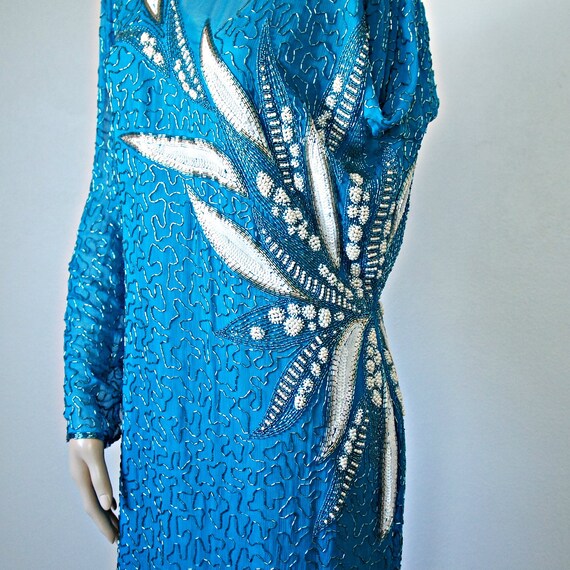 1980's Beaded Dress Turquoise Long Sleeve Silk Fl… - image 7