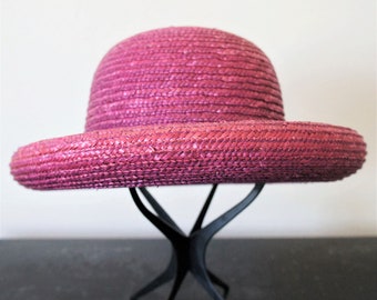 Vintage Hat Purple Straw Derby Betmar Curl Brim Round Crown Beach Bowler