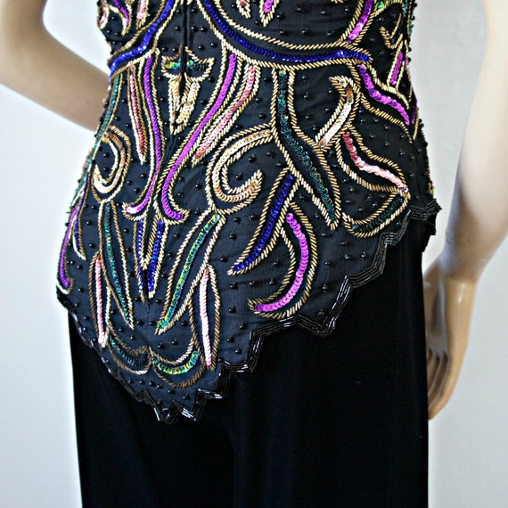 Beaded Top Black Blouse Vintage 1980's Colorful S… - image 8