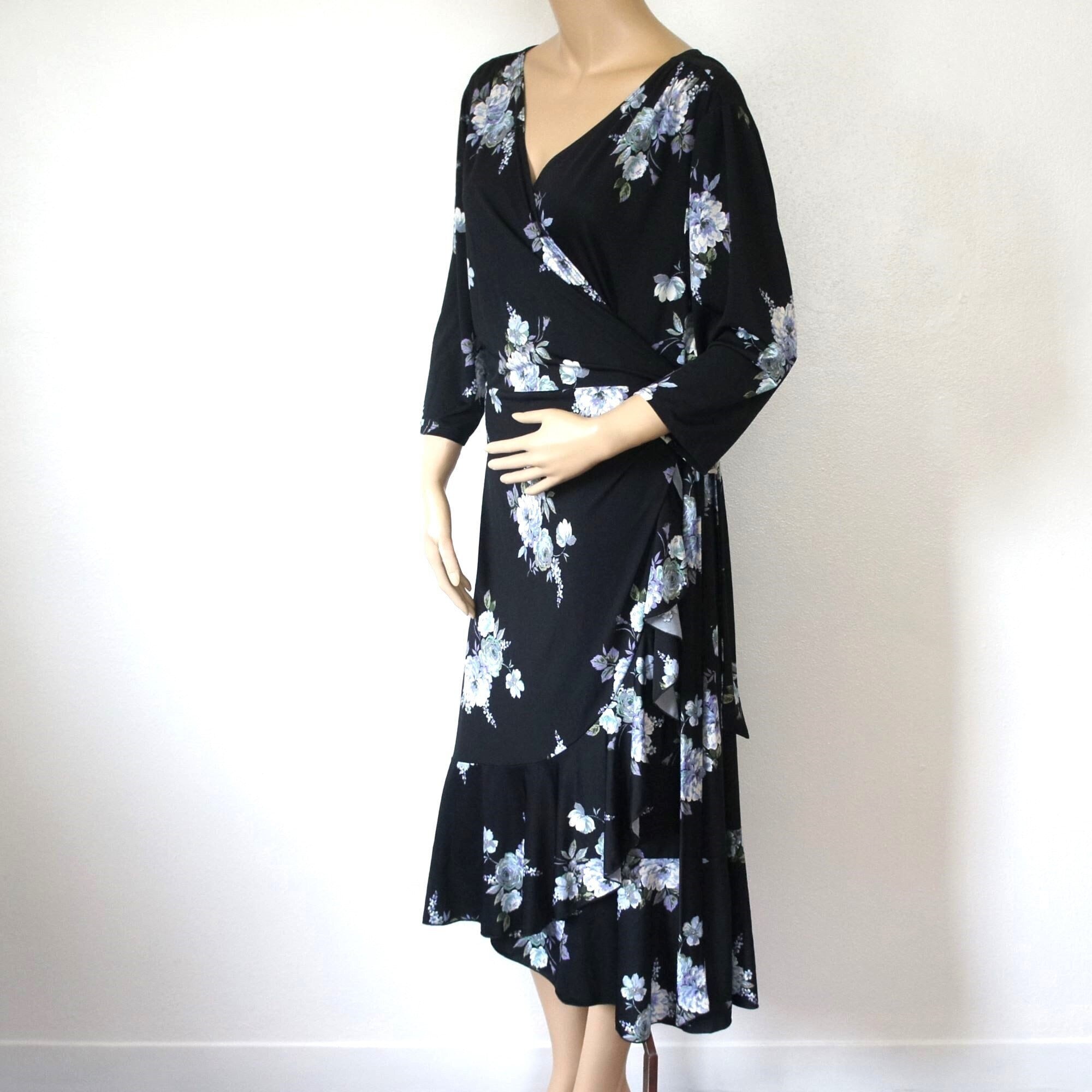 Model Robe 1990 Vintage 1990's Robe Wrap Around Blue Floral Ruffle Skirt Three Quarter ...