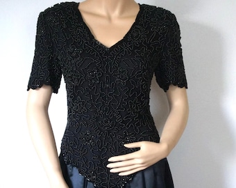 Blusa vintage negra de manga corta con cuentas de los años 80, ajustada, talla XS.