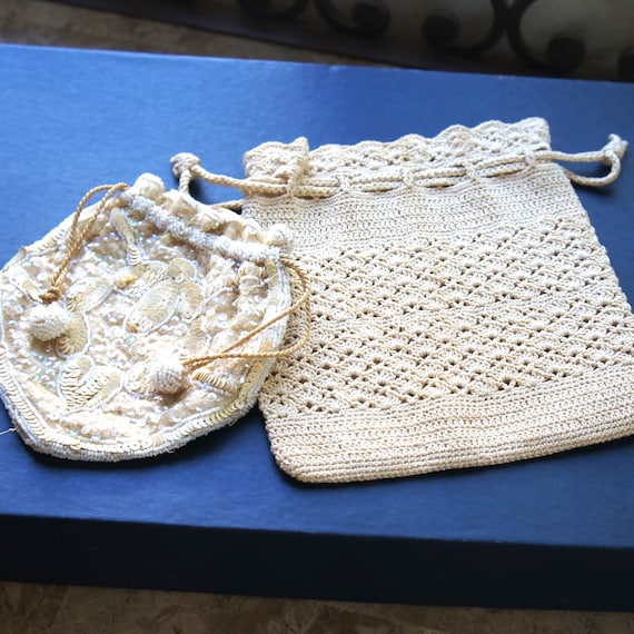 Vintage Purses Antique Drawstring One Crocheted O… - image 1