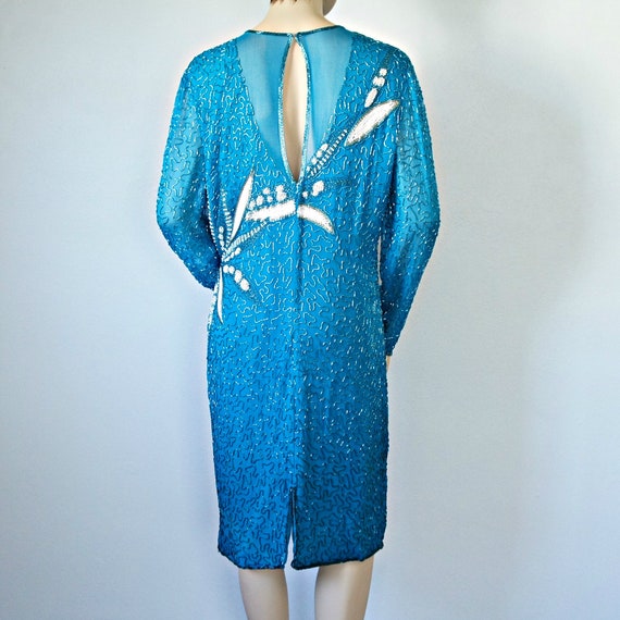 1980's Beaded Dress Turquoise Long Sleeve Silk Fl… - image 4