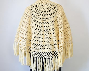 Handmade Yellow Shawl Vintage Crochet Fringed