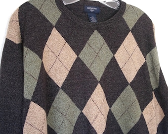 Men's Argyle Sweater Vintage Brown Green Texture Lightweight Knit Size Large