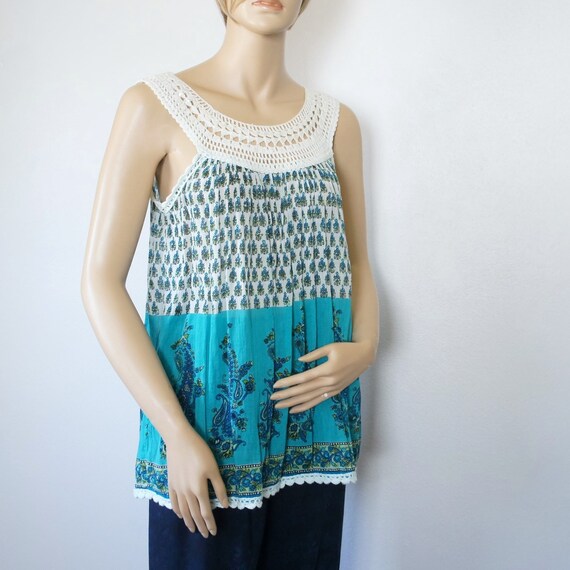 Vintage Blouse Sleeveless Crochet Summer Gauze India … - Gem