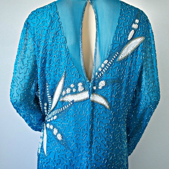 1980's Beaded Dress Turquoise Long Sleeve Silk Fl… - image 8