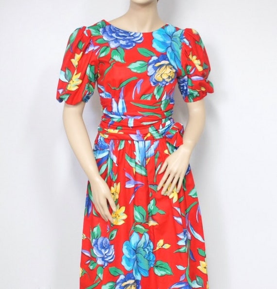 Tropical Print Dress Cotton Garden Party Red Hawa… - image 1