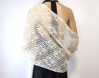 Open Lace Knit Oblong Shawl Shoulder Wrap Wedding Cream White Long Scarf