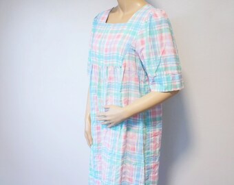 Plaid Day Dress Vintage Housedress Styled by Saybury Pastel Short Sleeve Mumu Caftan Cotton Size Small