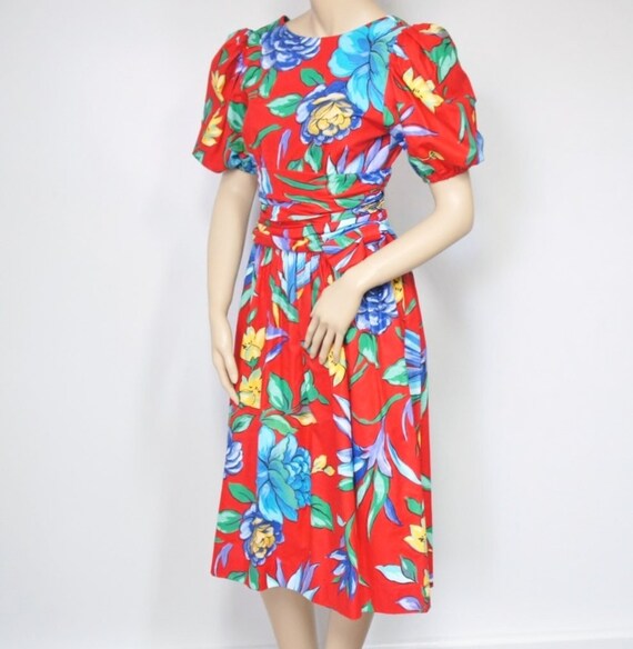 Tropical Print Dress Cotton Garden Party Red Hawa… - image 2