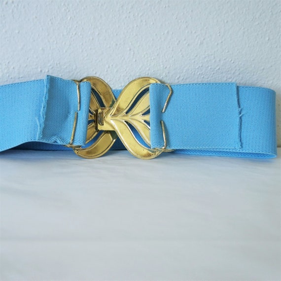 1980's Stretch Belt Baby Blue with Enamel Leaf Fl… - image 7