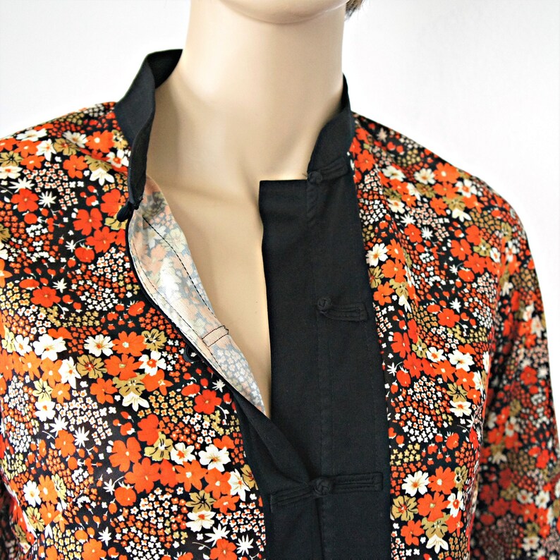 Vintage Blouse Orange Floral Oriental Style Black Size Small Costume Psychedelic Pajama Top Jacket