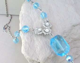 Aqua Pendant Jewelry Necklace Glass Bead Crystal Rhinestone Handmade