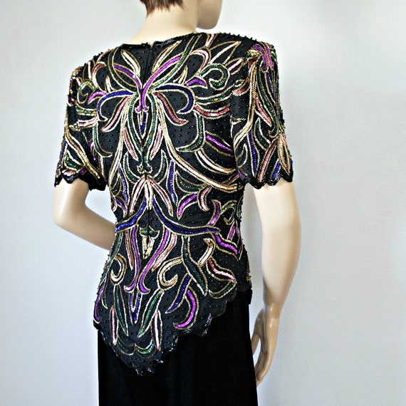 Beaded Top Black Blouse Vintage 1980's Colorful S… - image 10