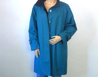 Vintage Trench Coat Teal Blue Faux Fur Lined Size 10 Regular Water Resistant Belted Made in USA Retro 80s 90s Style