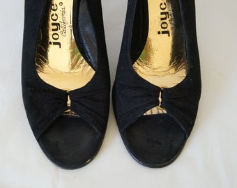 Black Suede Shoes Black Open Toe Sling Backs Vintage Size 7 Narrow