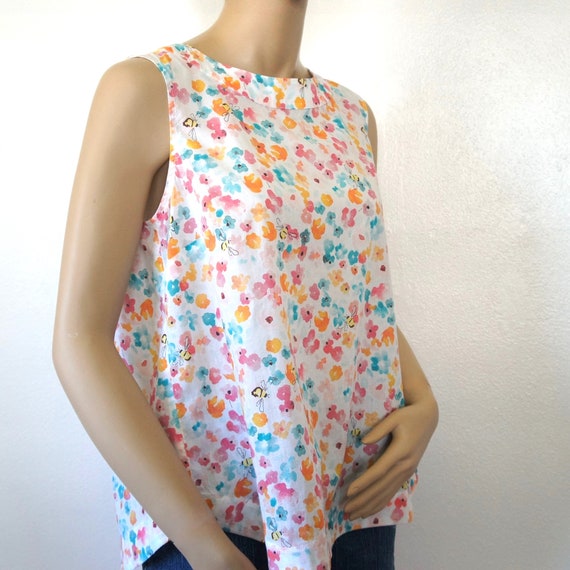 Chemise Sans Manches Talbots En Coton Stretch - Imprimé Floral Jaune/Or/Vert/Rose - Taille 8P Neuf