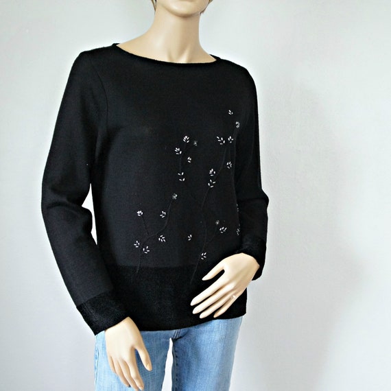 Beaded Black Pullover Sweater Vintage Long Sleeve… - image 1