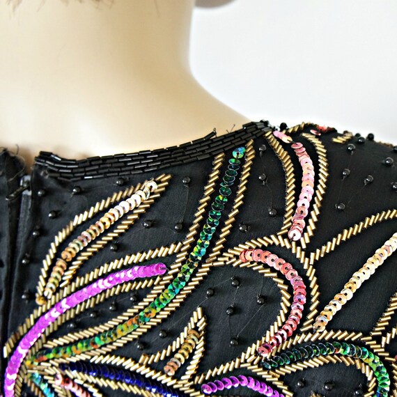 Beaded Top Black Blouse Vintage 1980's Colorful S… - image 7