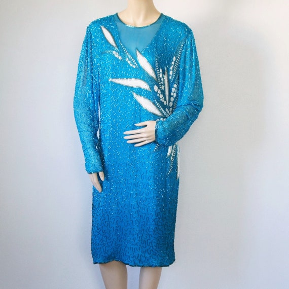 1980's Beaded Dress Turquoise Long Sleeve Silk Fl… - image 2