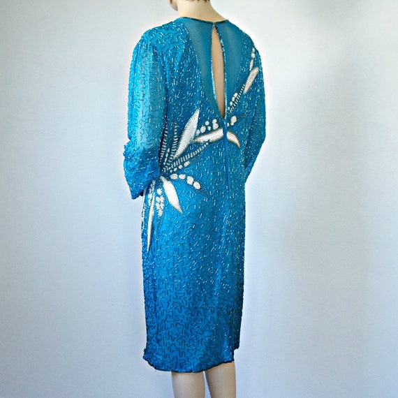 1980's Beaded Dress Turquoise Long Sleeve Silk Fl… - image 3