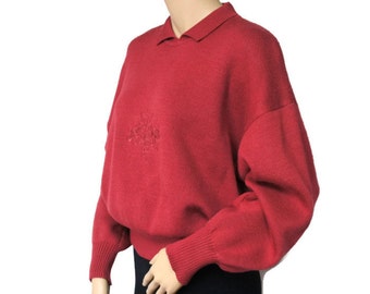 Bogner Sweater Bulky Vintage Knit Slouchy Pullover 1980's 1990's Crimson Collar Bat Wing Sleeve Size Small