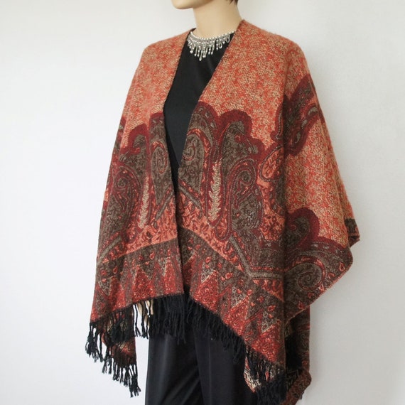 Shawl Wrap Open Poncho Style Vintage Earthy Colors Pa… Gem