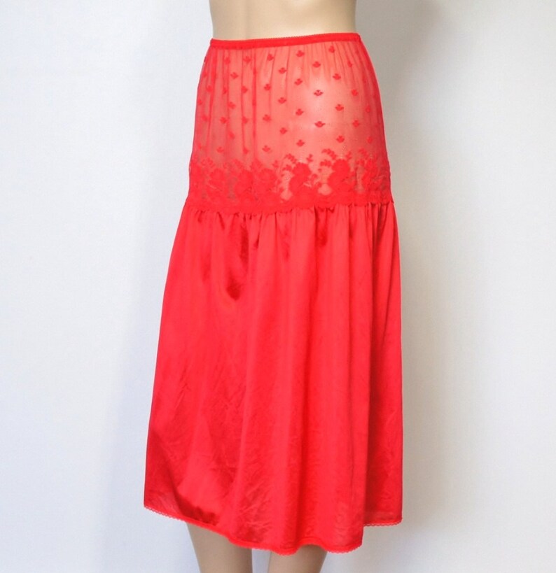 Half Slip Red 1980's Vintage Lingerie Sweet Lace Petticoat Nylon Net Size Medium image 3